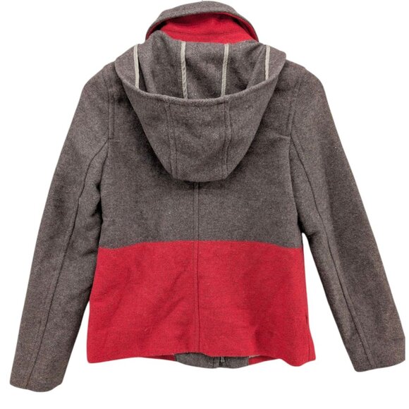 Old Navy Wool Bland Coat Womens Red Brown Colorblock Hooded Full Zip Lined Sz XS - Picture 3 of 15